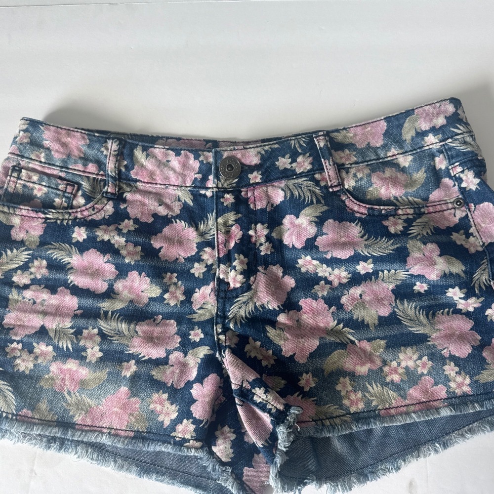 Rewash Blue Denim Floral Print Frayed Cut Off Shorts Pink‎ Tropical Size 9